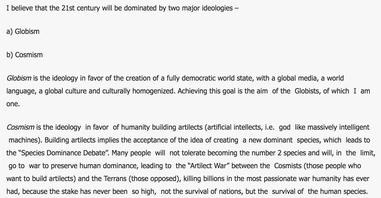 Screenshot of a Hugo de Garis blog post text: