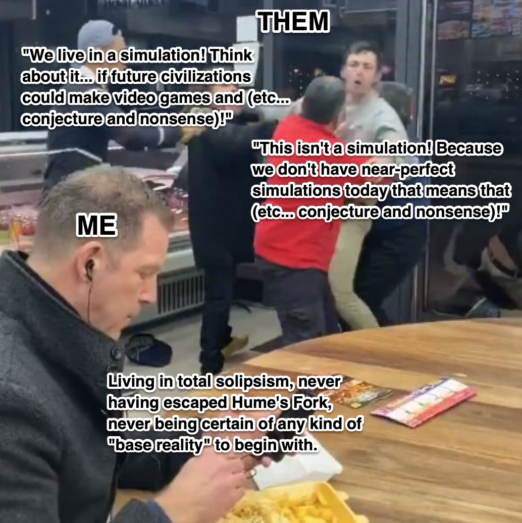 Meme titled "Faggella-Simulation," set over a photo of an altercation in a store, with the author sitting in the foreground eating.