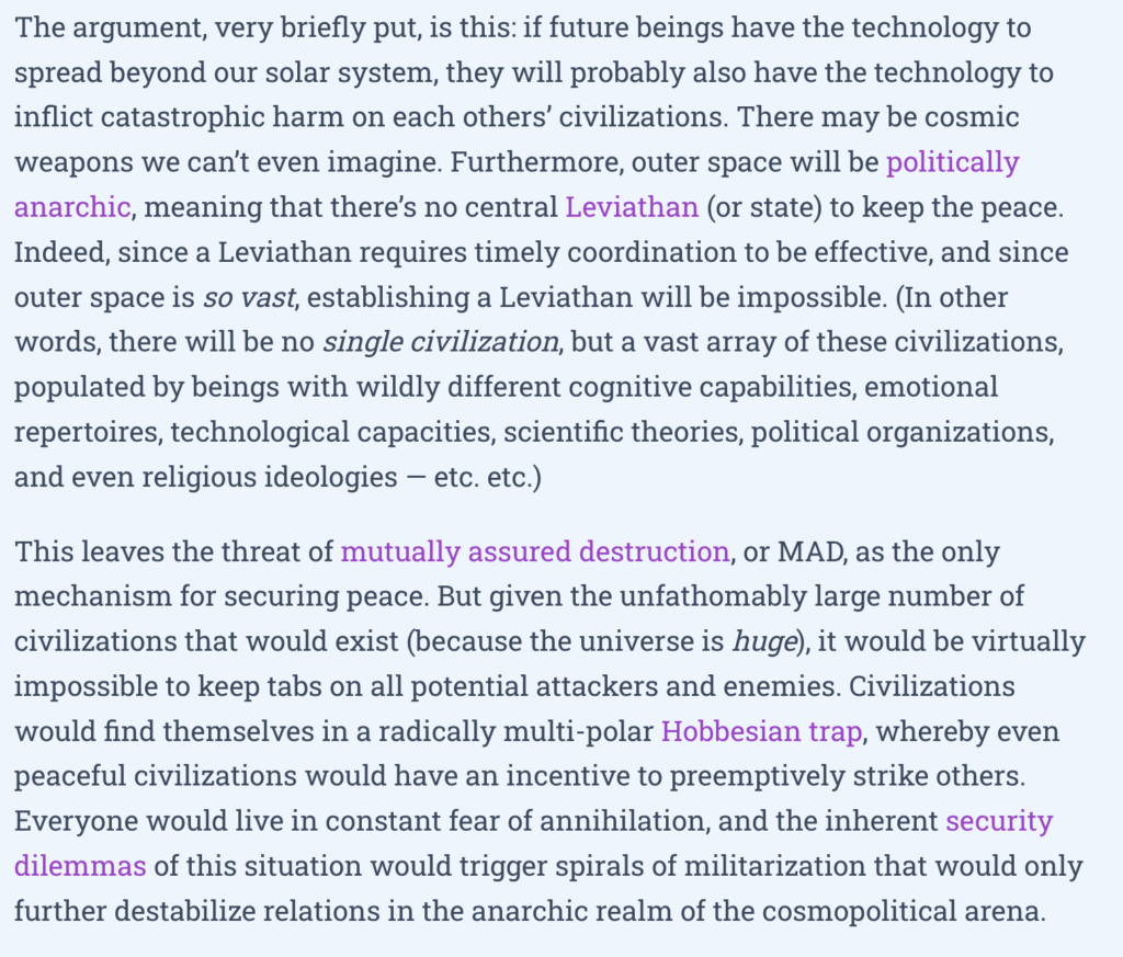 Screenshot of text laying out a cosmic-anarchy/Leviathan argument (highlighted/linked terms noted in brackets):