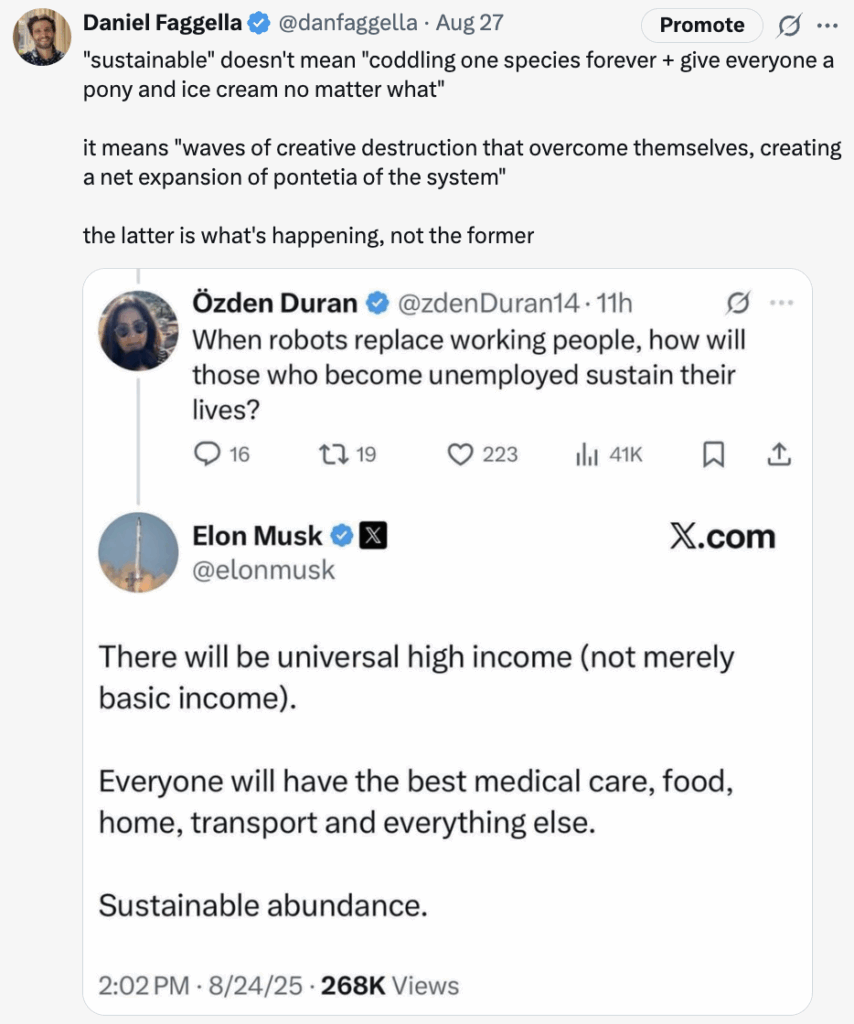 Twitter/X screenshot: Daniel Faggella on "sustainable" abundance