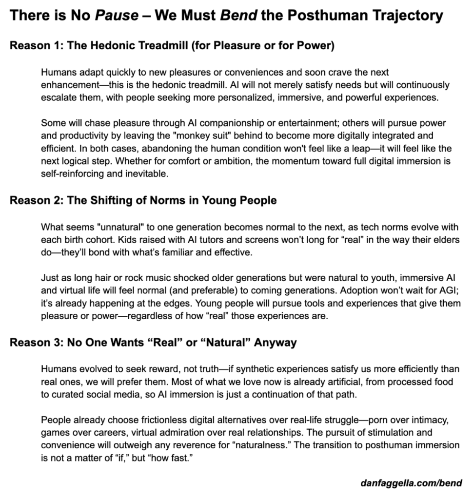 There is No *Pause* – We Must *Bend* the Posthuman Trajectory
