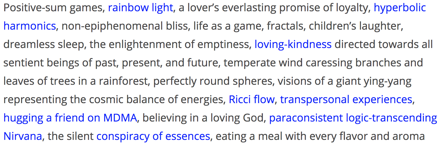 Screenshot of text (Qualia Computing-style list of hedonium/positive-valence concepts), transcribed verbatim: